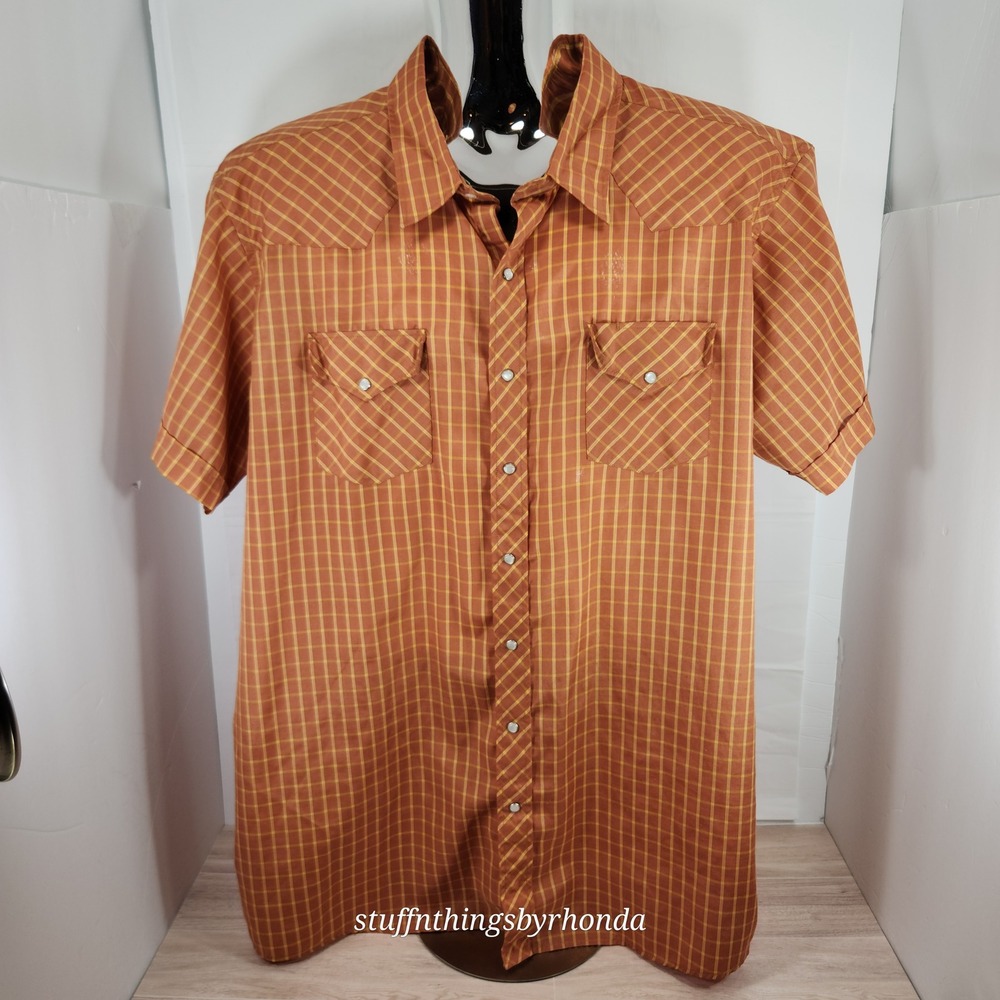 White Horse Pearl Snap Short Sleeve Shirt Men's‎ XXL Orange Check Western Rodeo